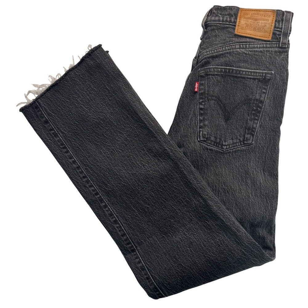 Levis Premium Ribcage Straight Jeans Womens 25 Charcoal Gray High Rise Raw Hem
